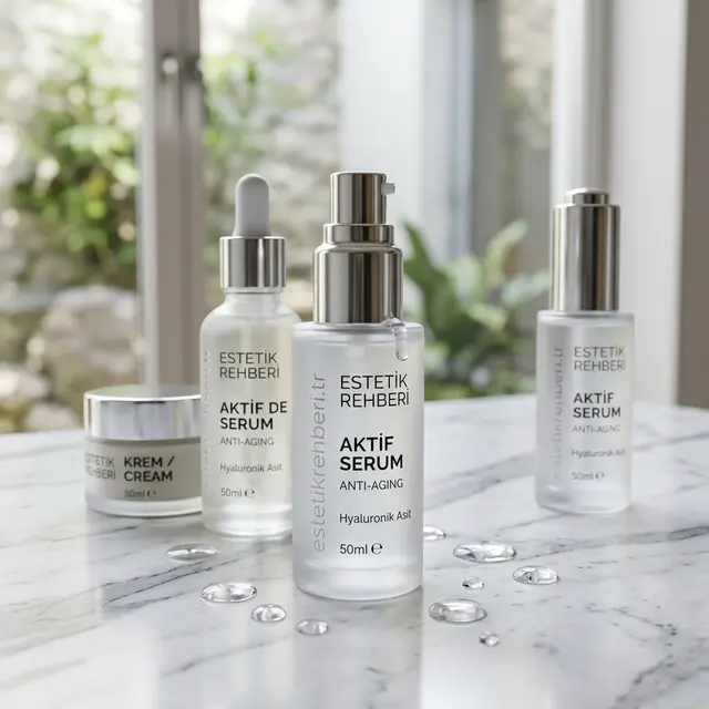 Premium Anti Aging bakım ürünleri ve serum uygulama detayı