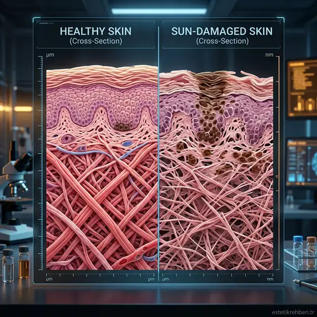 Sağlıklı Kolajen Yapısı vs Güneş Hasarlı Deri Kesiti